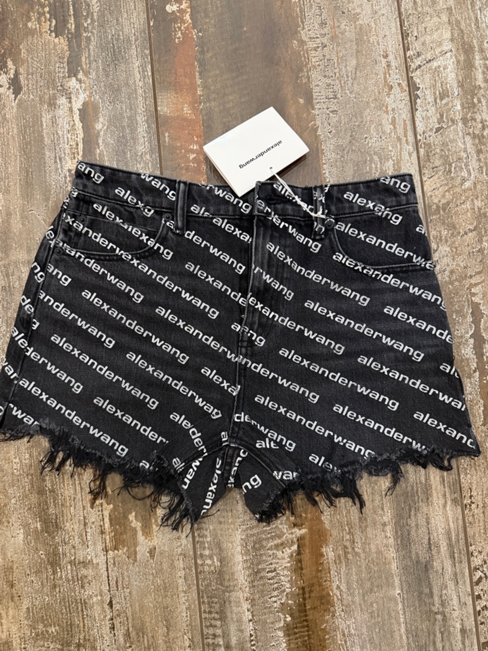 Alexander Wang Black Logo-Print Frayed Denim Shorts